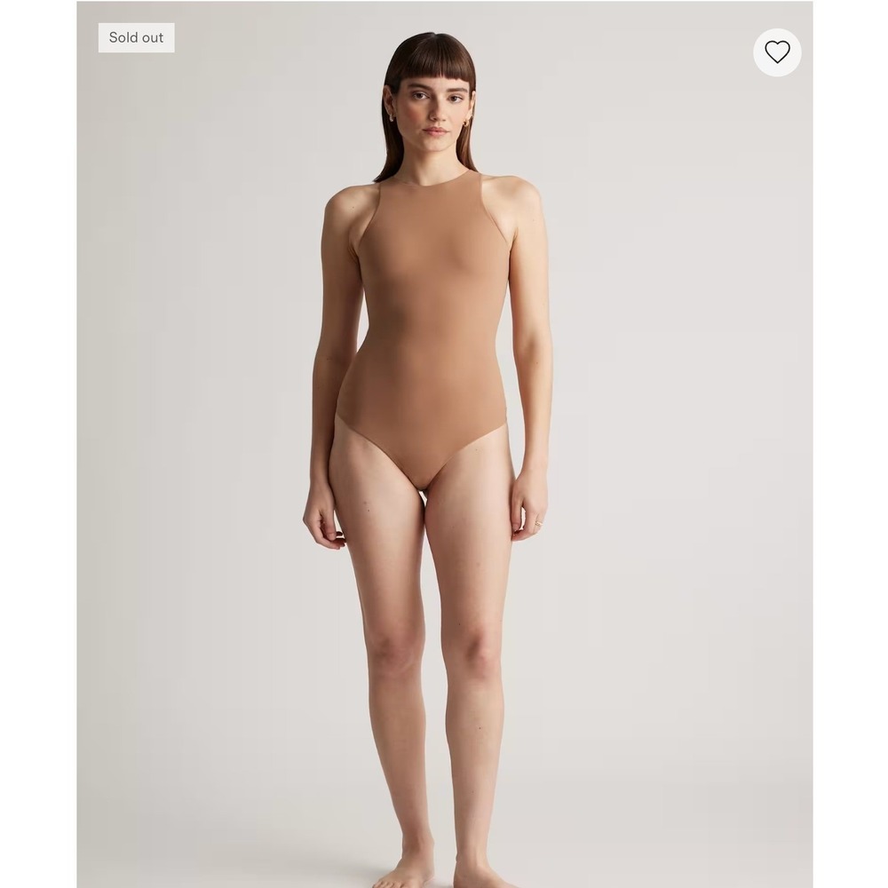 Quince Second Skin Bodysuit Womens Size L Beige High Neck Sleeveless cocoa NWT